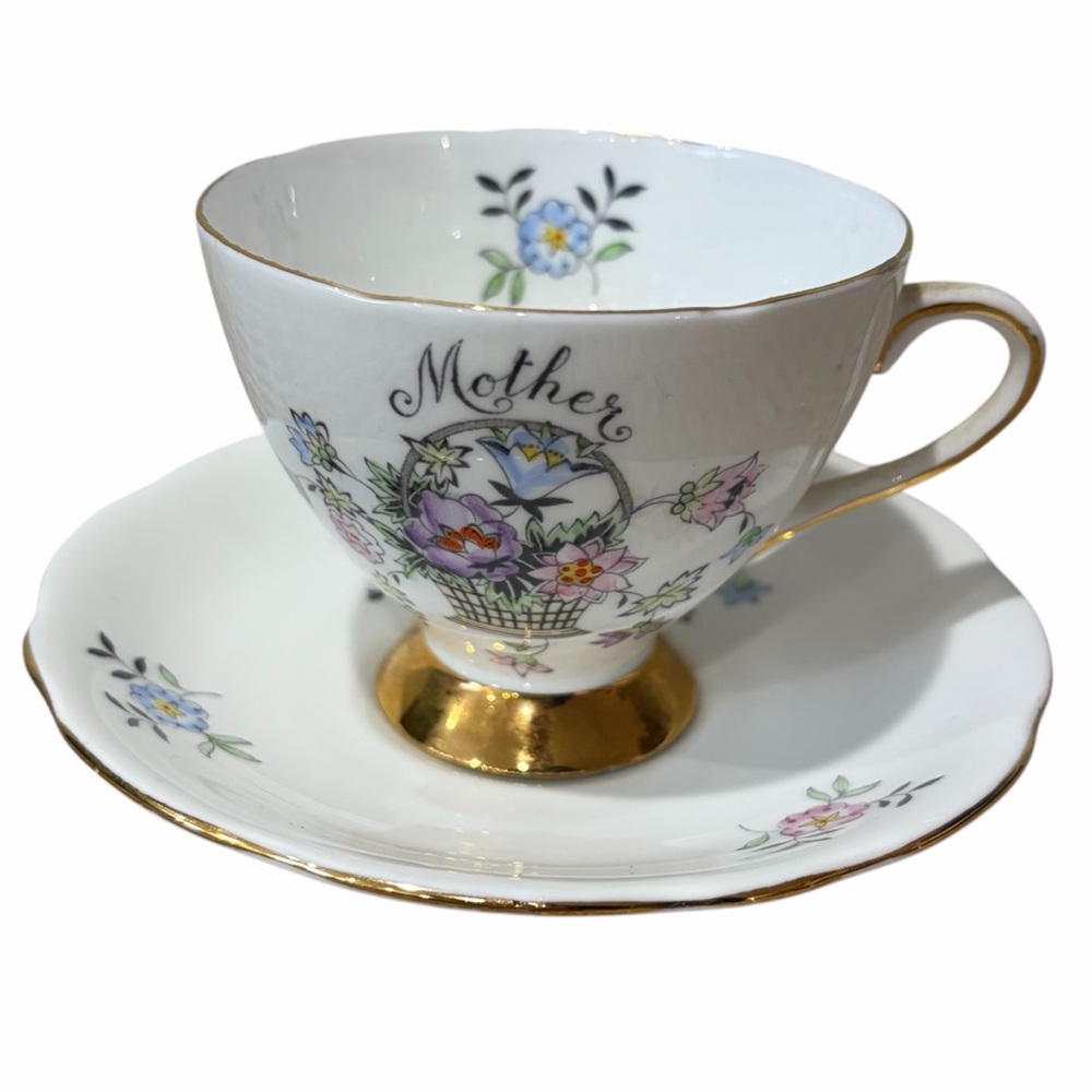 Gladstone Mother Hand Painted Floral Basket Cup saucer England‎ Vintage Gold Tri